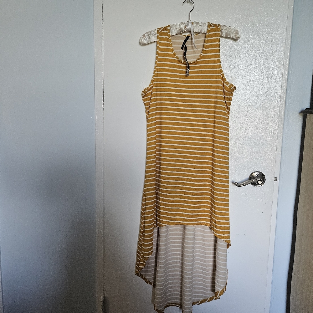 Striped Yellow and White HIGH LO Sleeveless Dress.